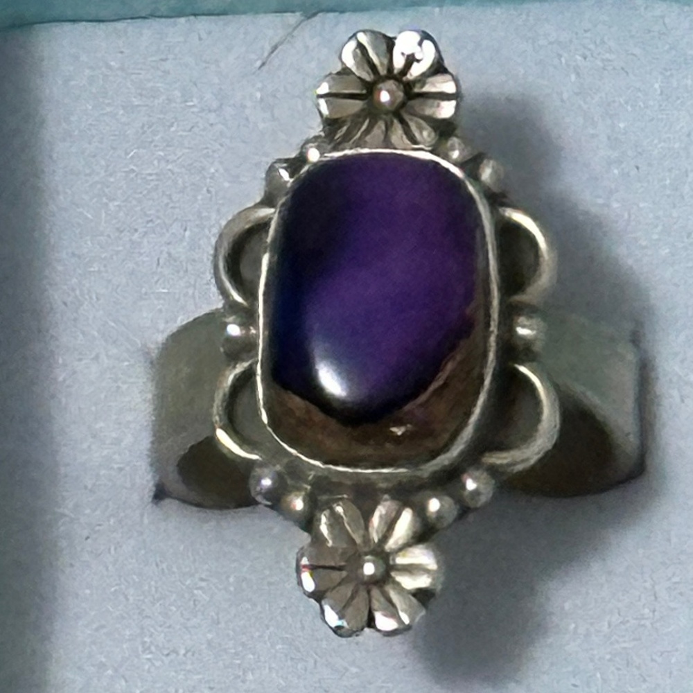 925 Sterling Silver Purple Dahlia ring. Purple Copper Turquoise.
